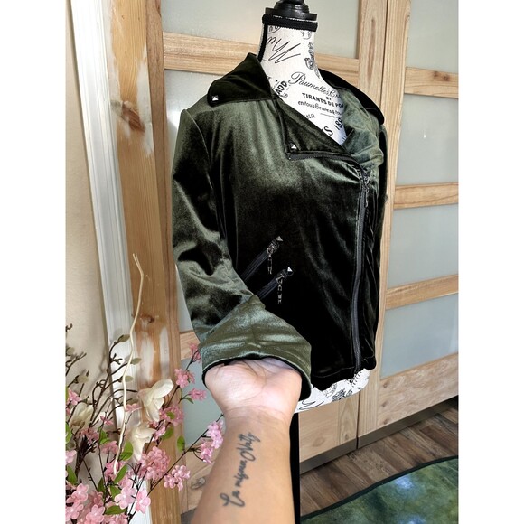 Belle Badgley Mischka Green Velvet Moto Jacket Women's Size Small Preowned - Picture 8 of 9